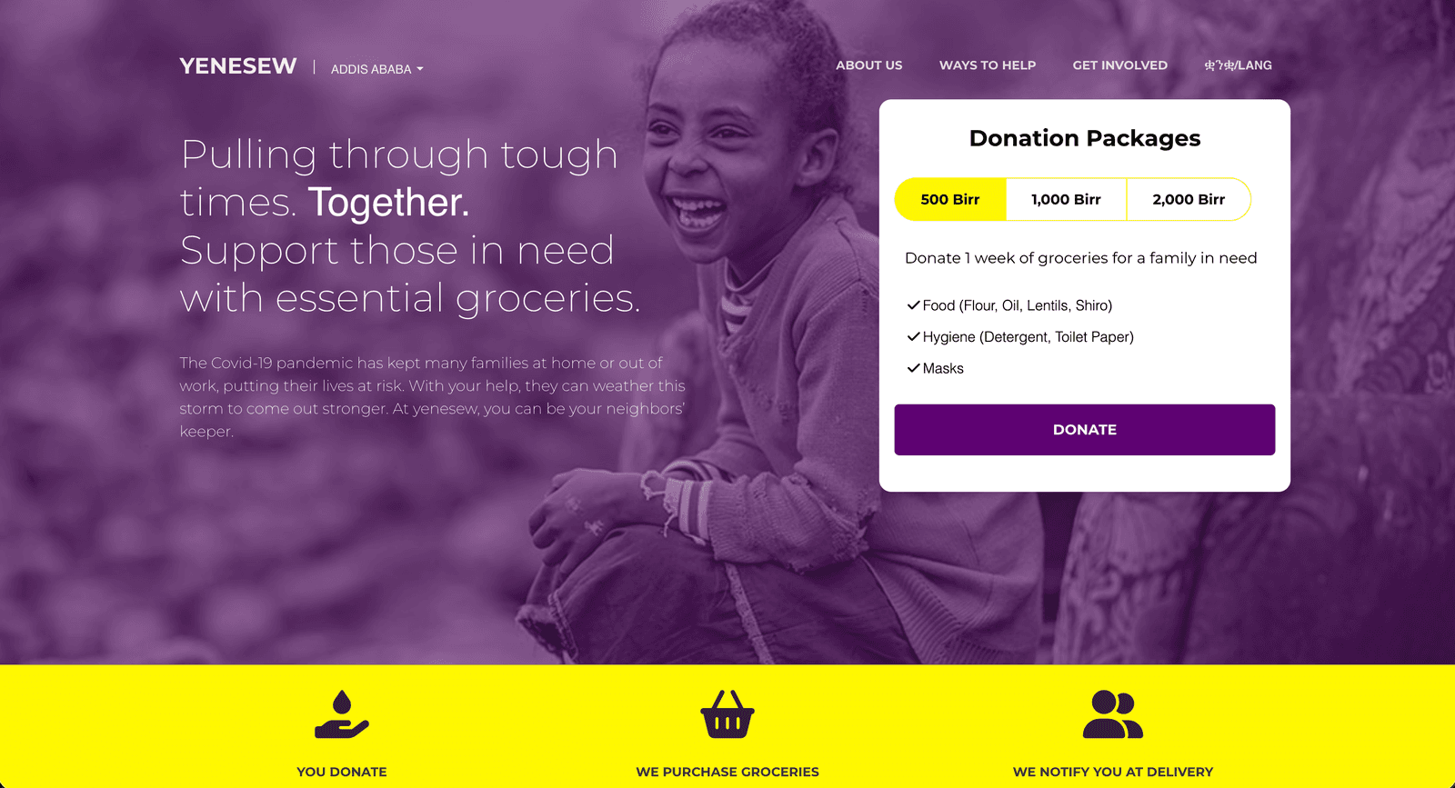 Yenesew, a non-profit platform for donating a week of groceries to a family in need